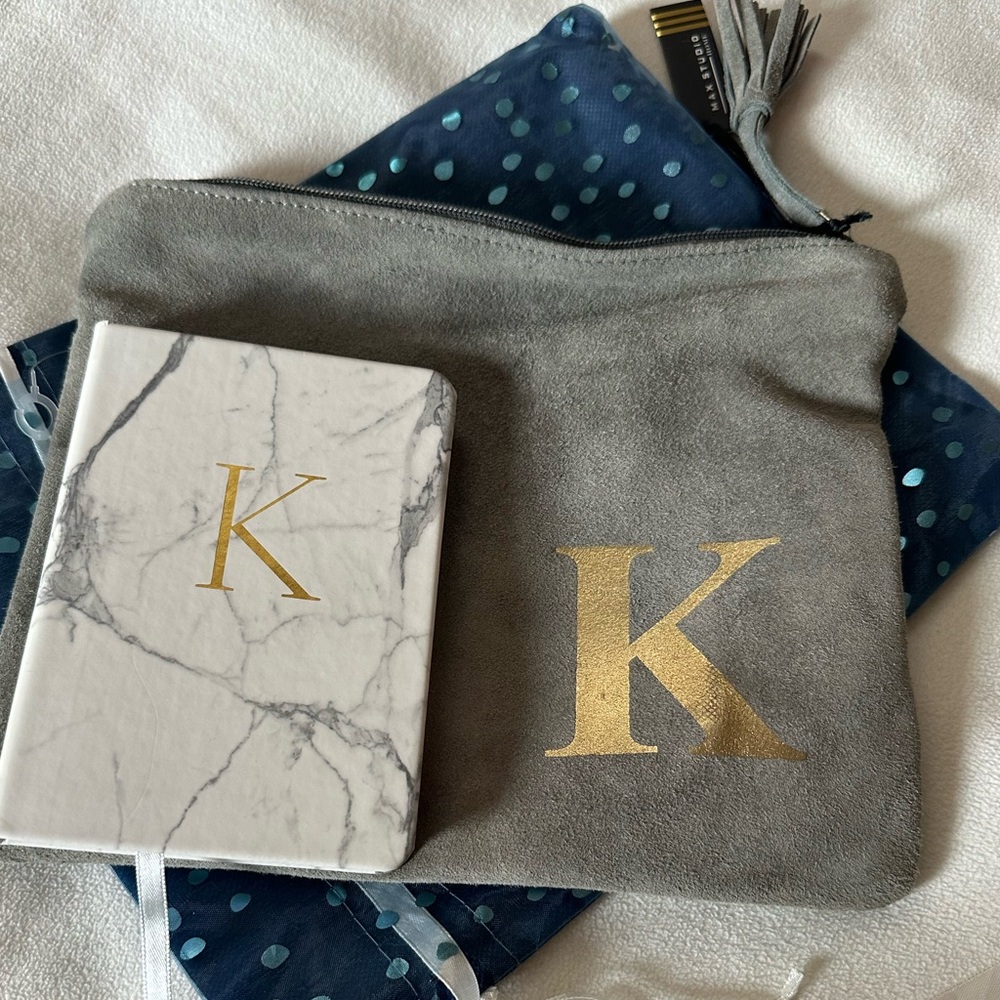 Max Studio Home Personalized sueded grey Letter K makeup zip bag and note book